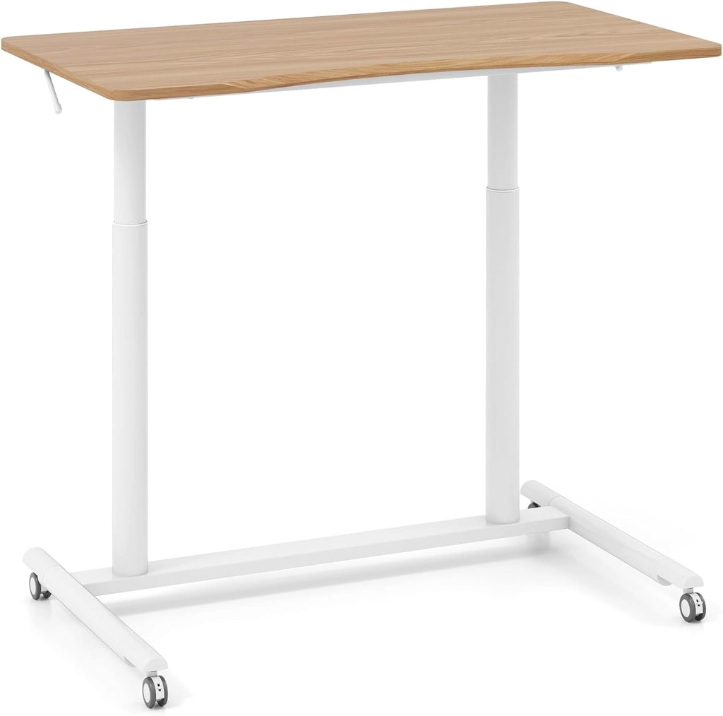 Scrivania Mobile Regolabile in Altezza, Scrivania Sit Stand con Ruote Bloccabili e Struttura in Metallo, Tavolino Laterale da Divano a Forma di C (Naturale)