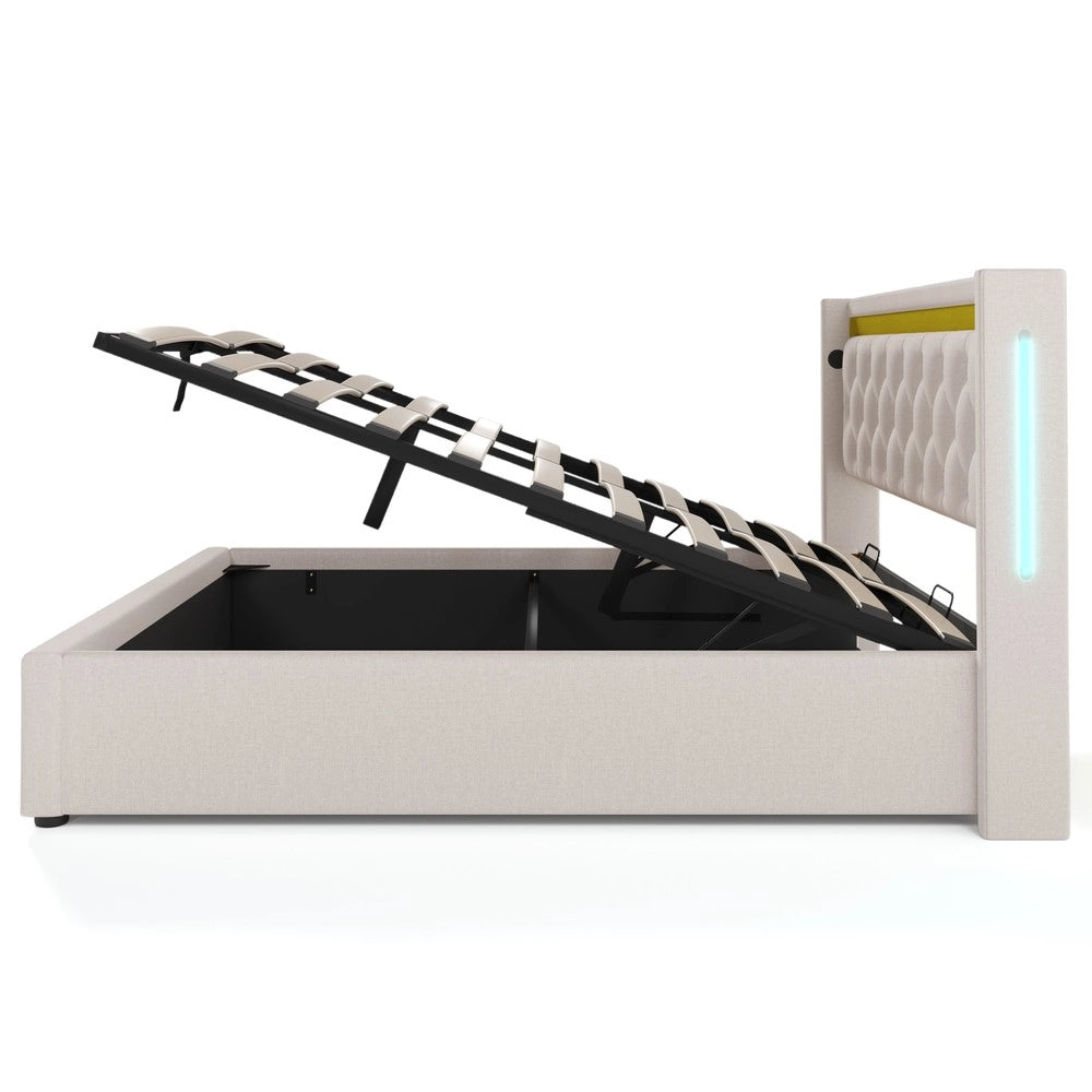 Letto Imbottito Contenitore LED con USB ¨C MINIMAL ¨C Tessuto, 140x200, con materasso