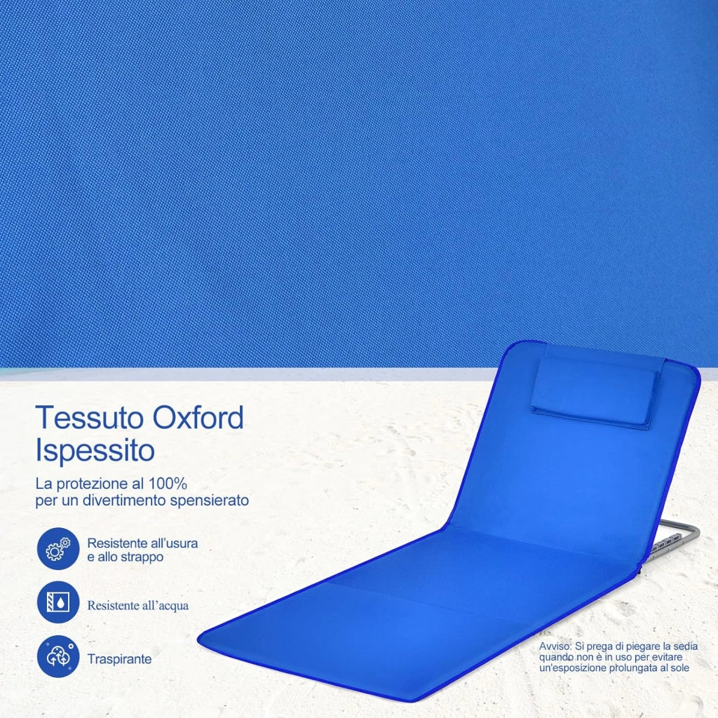 Set 2 Sdraio da Spiaggia con Tavolino, Tappettino Spiaggia Pieghevole con Schienale Reclinabile, Poggiatesta e Tasca Posteriore, Portatile con Manico, per Giardino e Campeggio (Blu)