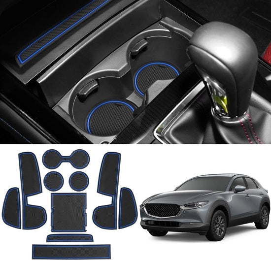 Materassi antislip compatibili con Mazda CX-30 2019-2024, console centrale in gomma per Mazda CX 30, supporto per bicchieri e contenitore per oggetti in gomma, accessori per Mazda CX30, materassi antislip in gomma blu.