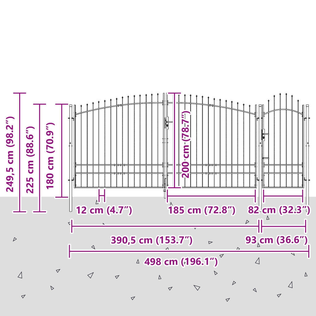 Cancello da giardino con punta a lancia grigia 195x500 cm in acciaio