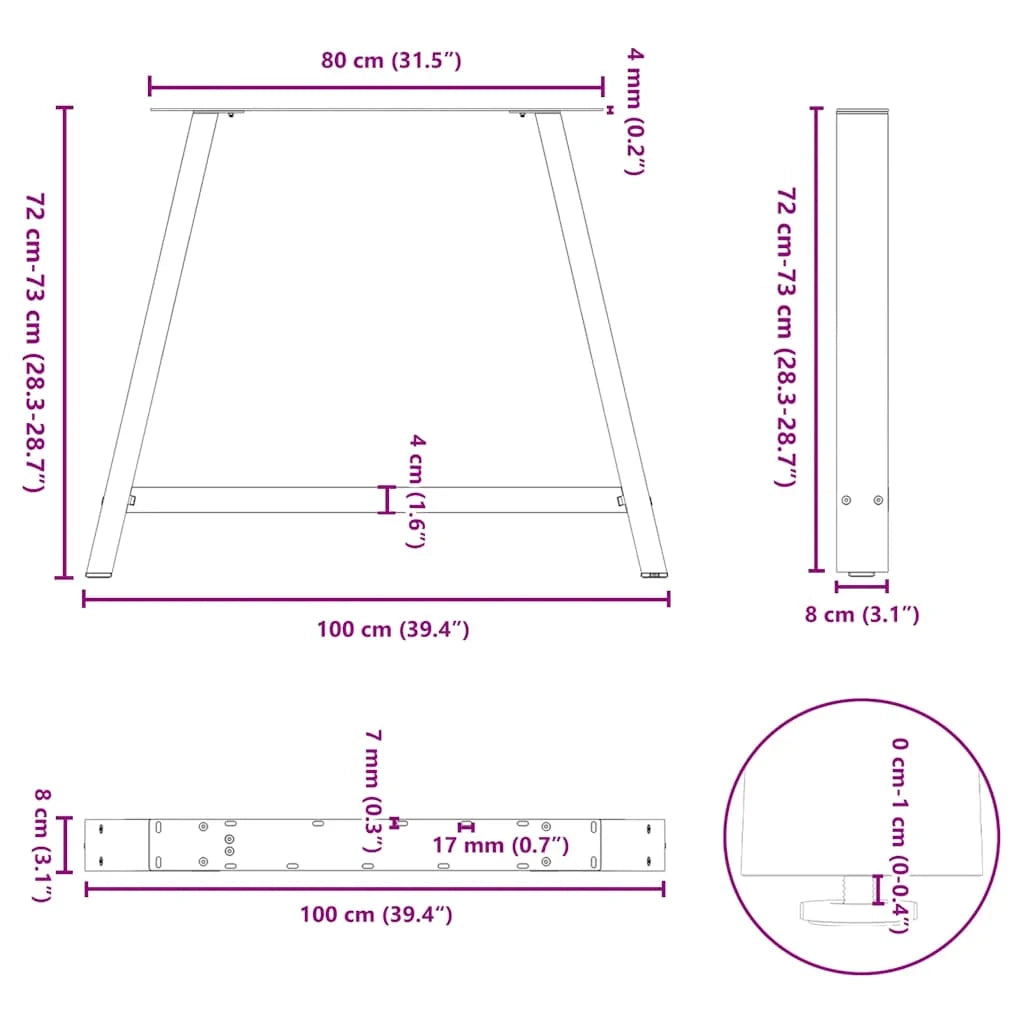 Set di 2 gambe per tavolo da pranzo a forma di A 100 x 72 cm con piedini regolabili design moderno acciaio nero 02_0057140