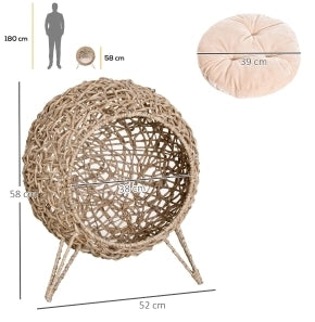 Cuccia rialzata per gatto in rattan sintetico marrone con cuscino