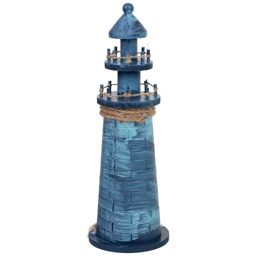 Figura decorativa a forma di faro in legno blu, 11x11x31h cm