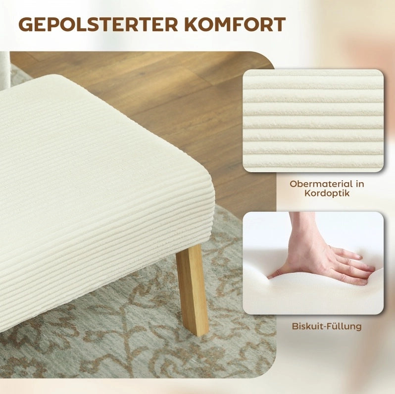 Pouf imbottito crema effetto velluto a coste con gambe in legno