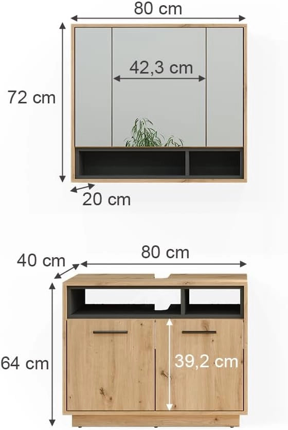 Set di mobili da bagno Beatrice, Rovere artigianale, 80 cm, composto da specchio da bagno e mobile sottolavabo