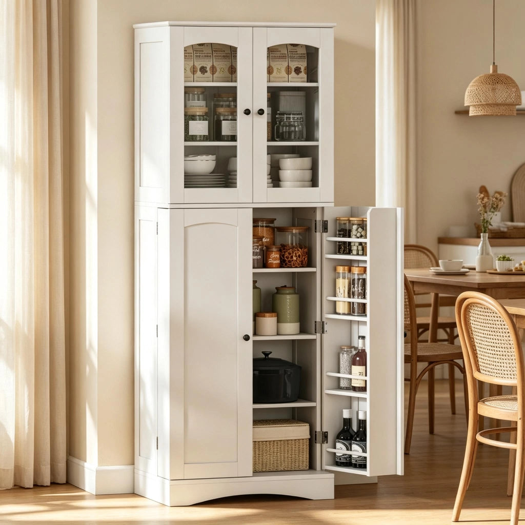 Credenza alta da cucina con ripiani regolabili e vetrina in acrilico, per cucina, bianca, 60 × 40 × 162 cm