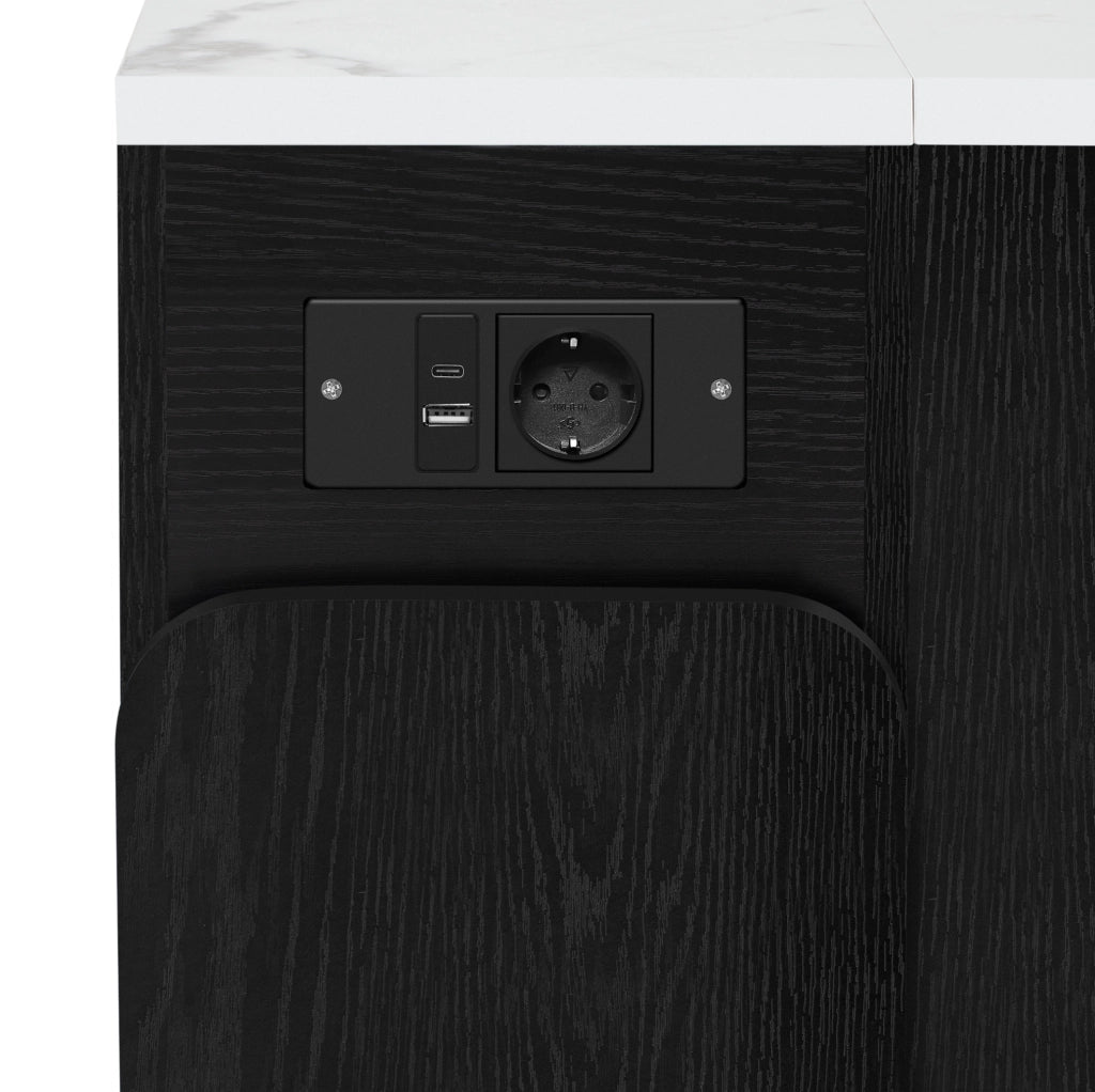 Isola da cucina allungabile con ruote nera e bianca con LED e porte USB