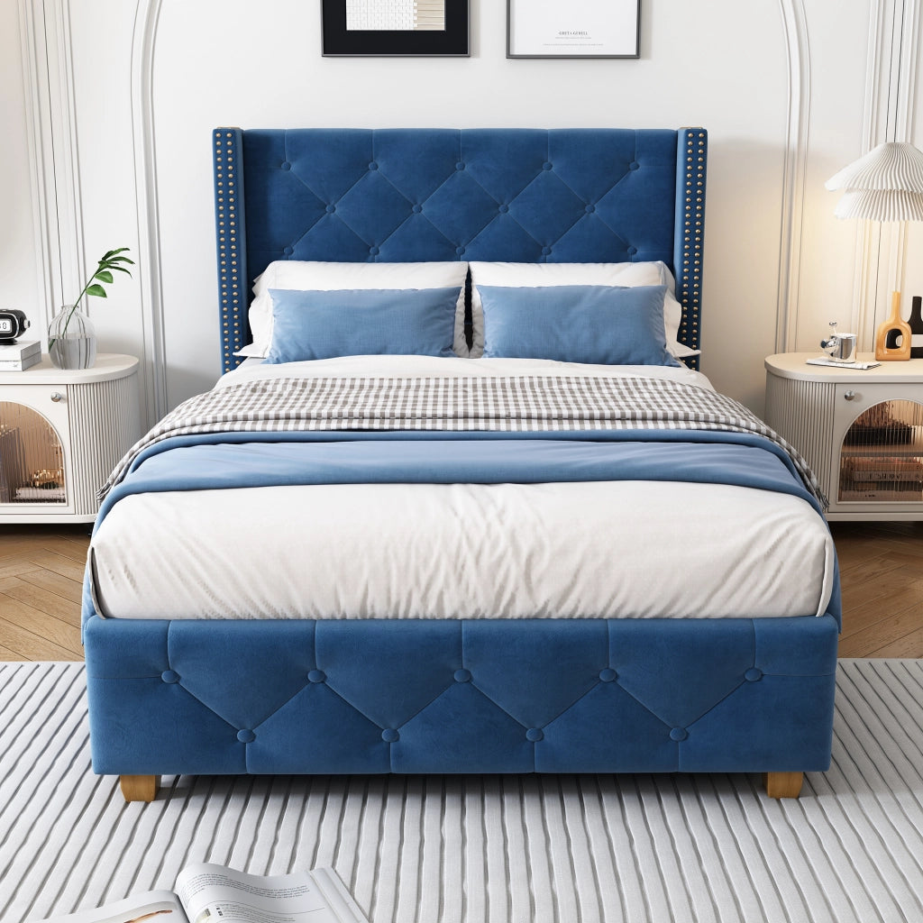 Letto Singolo 90 x 200 cm; 1 Posto con Testiera Imbottita e Piedi in Legno; senza Materasso; Velluto Blu