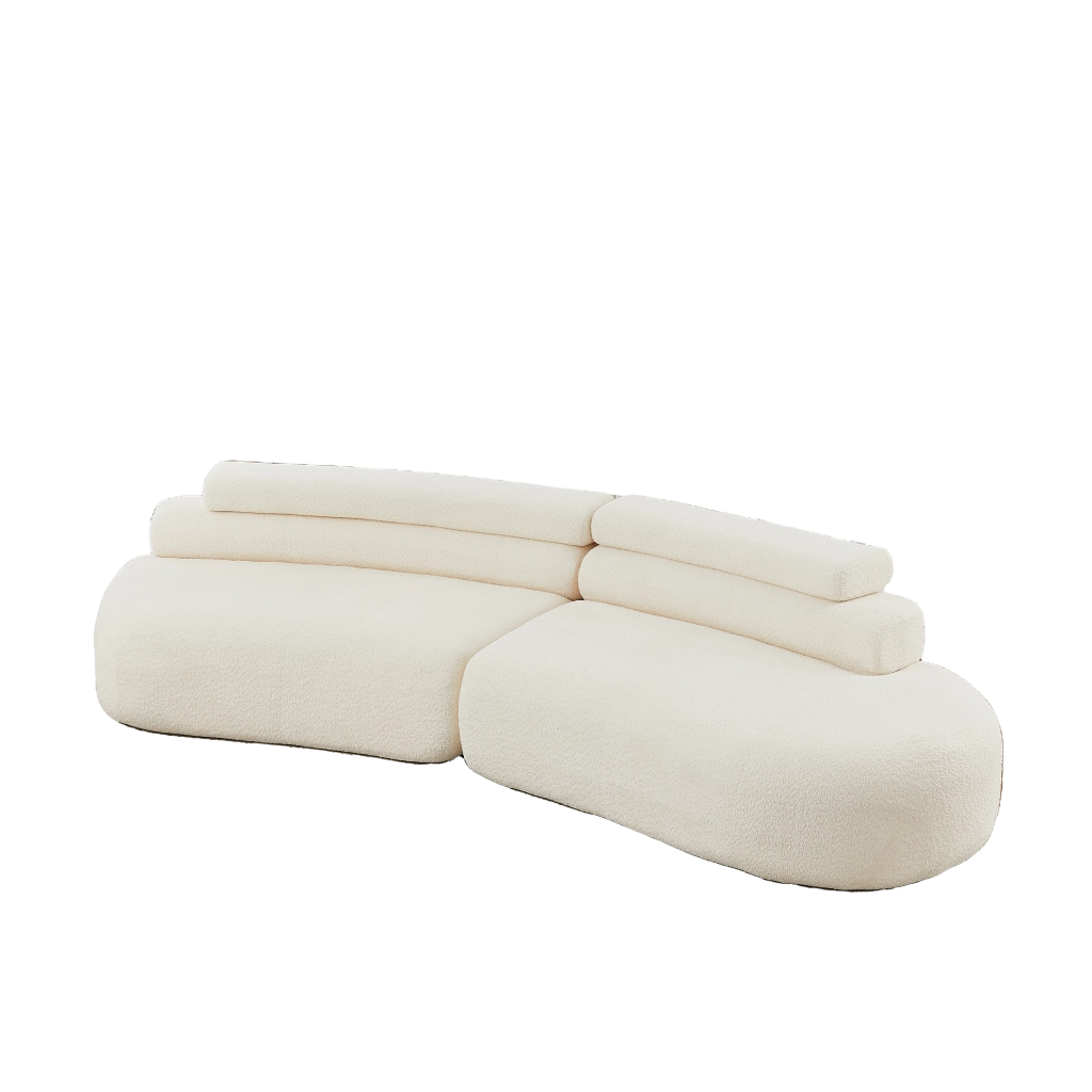 Divano modulare a due moduli curvi segmentati senza braccioli con 3 cuscini schienale per salotto in ciniglia beige
