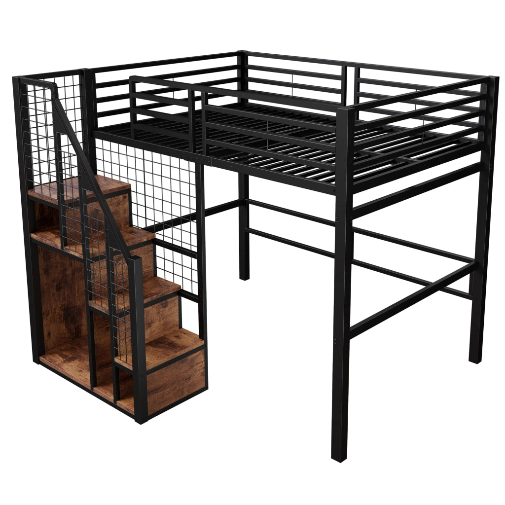 Letto a soppalco singolo 140 × 200 cm con scala, contenitore integrato e barriera, senza materasso, metallo nero