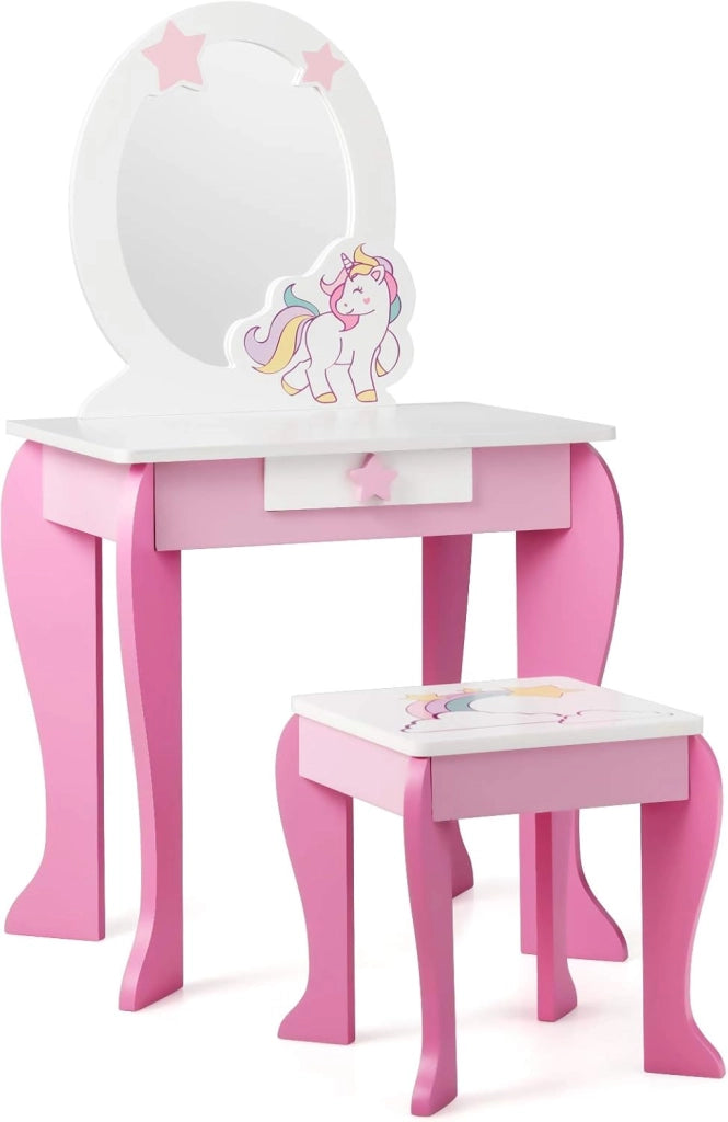 Set di Specchiera e Sgabello per Bambini, Tavolo da Trucco Giocattolo in Legno con Cassetto, Ideale Regalo per Ragazze di 3-7 Anni, con Portata di 15kg, 49x35,5x89cm (Rosa)