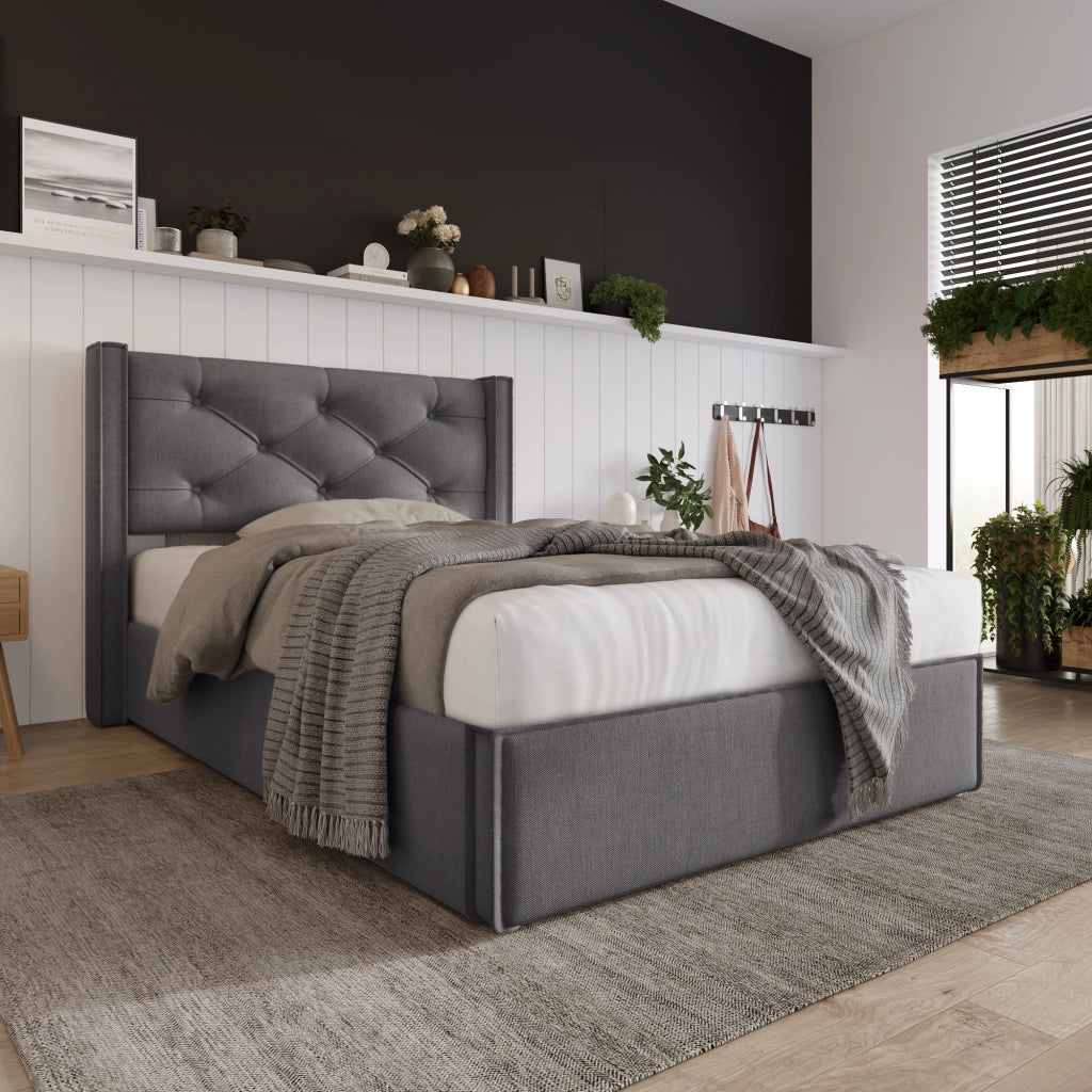 Letto singolo imbottito con contenitore 90x200 cm, testiera capitonné, grigio