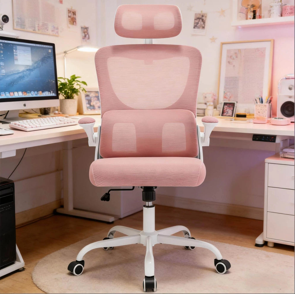 Sedia da ufficio ergonomica rosa con rete e poggiatesta