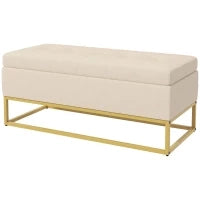 Panca Contenitore Rettangolare con Seduta Imbottita e Gambe in Acciaio, 110x44x49 cm, Beige