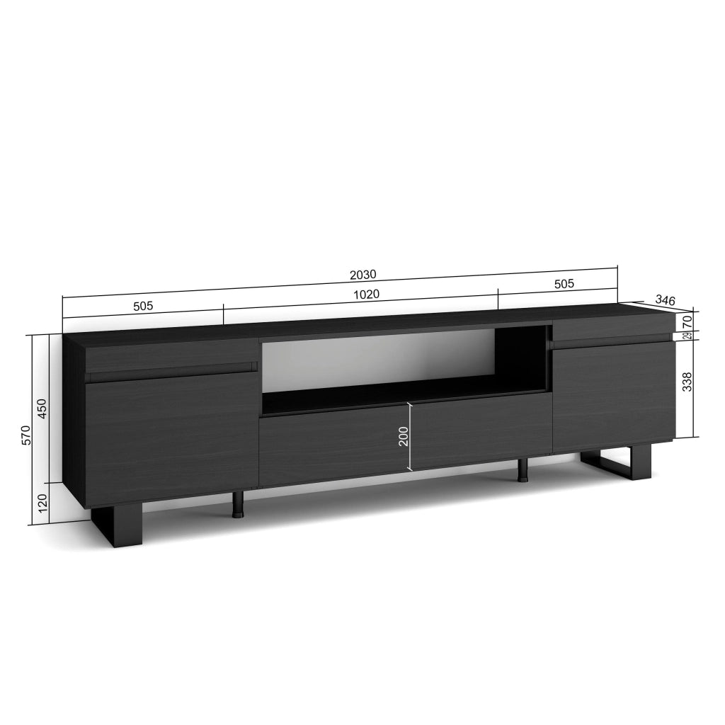 Mobile TV, 200x35x57cm, soggiorno, Per TV fino a 80", Design industriale, Nero RF2185
