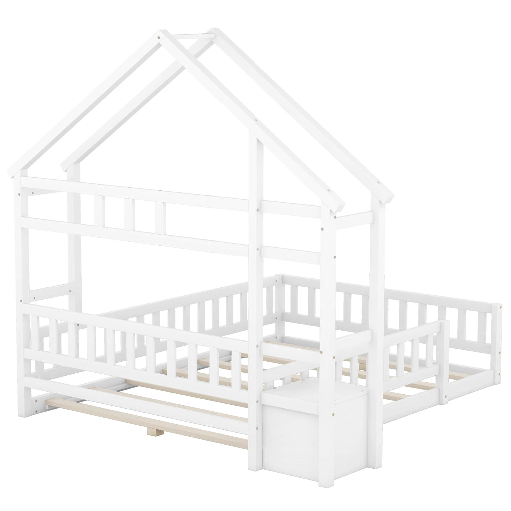 OKWISH Letto a Casetta 140×200 cm, Letto Matrimoniale con Sponda 31 cm e Comodino, senza Materasso, in Pino, Bianco