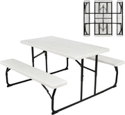 Tavolo da campeggio con sedie, pieghevole, 3 pezzi, con 1 tavolo da birra e 2 panche, tavolo da picnic pieghevole e salvaspazio, set da campeggio portatile per esterni (bianco)