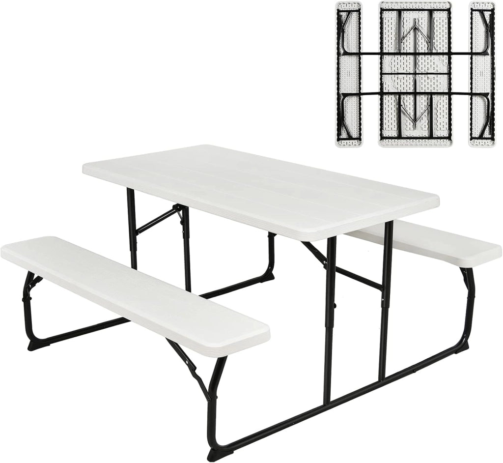 Tavolo da campeggio con sedie, pieghevole, 3 pezzi, con 1 tavolo da birra e 2 panche, tavolo da picnic pieghevole e salvaspazio, set da campeggio portatile per esterni (bianco)