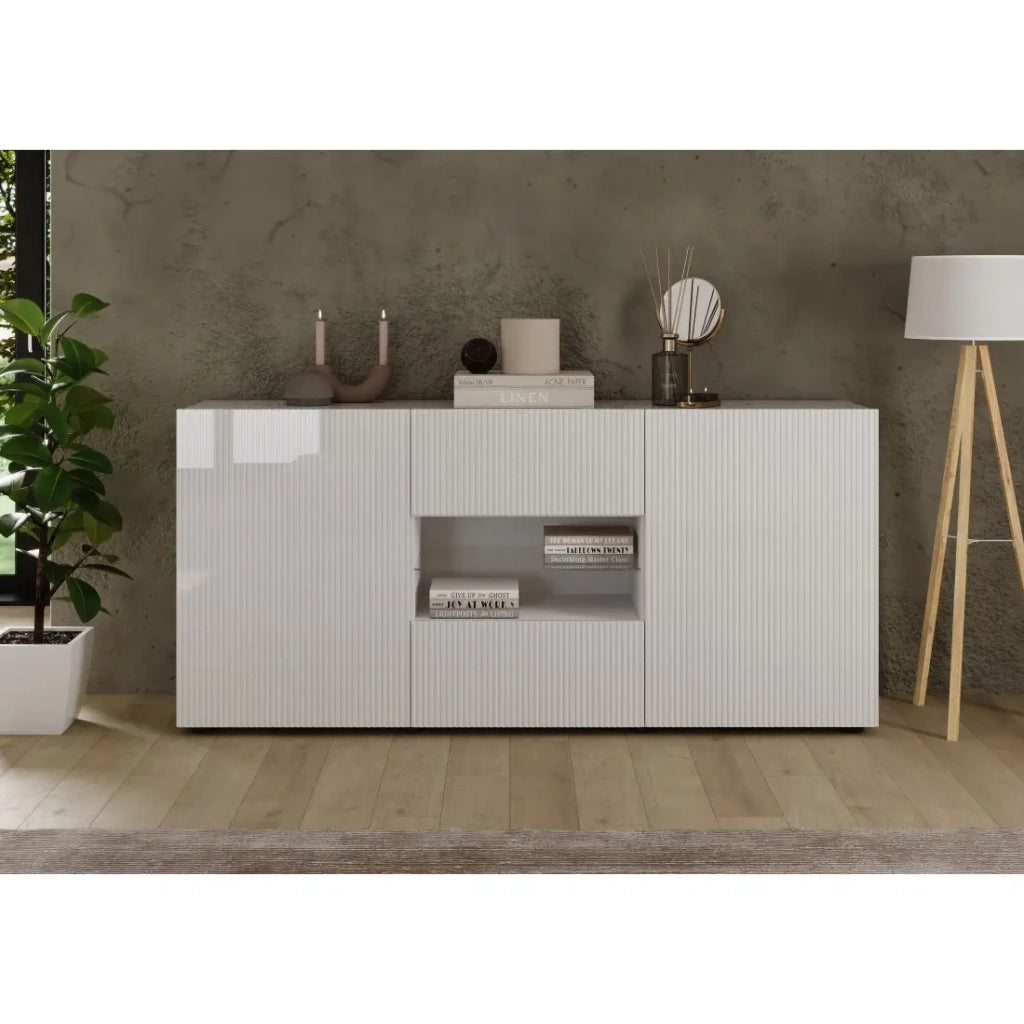 Buffet SCENA – L181×H84×P42 cm – 2 porte + 2 cassetti + nicchia – Bianco laccato