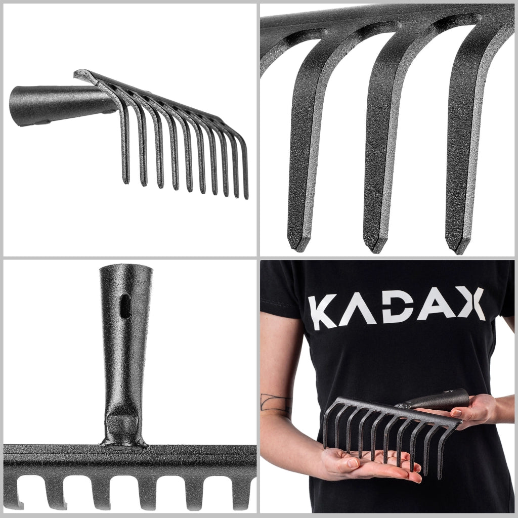 Rastrello per foglie in acciaio KADAX a 10 denti, senza manico, per terra ed erba.