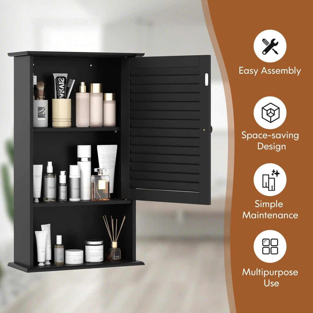 Armadio da Bagno a Parete con Porta, 2 Ripiani Regolabili e Scomparto Aperto, Armadio in Legno a 3 Livelli, Mobile Multiuso per il Bagno, Cucina, Ingresso, 42x17x70 cm (Nero)