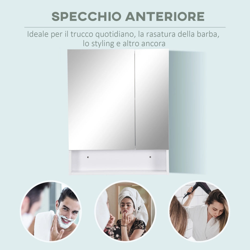 EasyComfort Armadietto a Specchio Rettangolare Montato a Parete con Credenze e Ripiano Regolabile, in MDF e Vetro, 60x15x75cm, Bianco