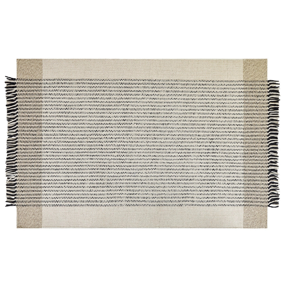 Tappeto beige e nero lana cotone 140 x 200 cm intrecciato a mano rettangolare con frange