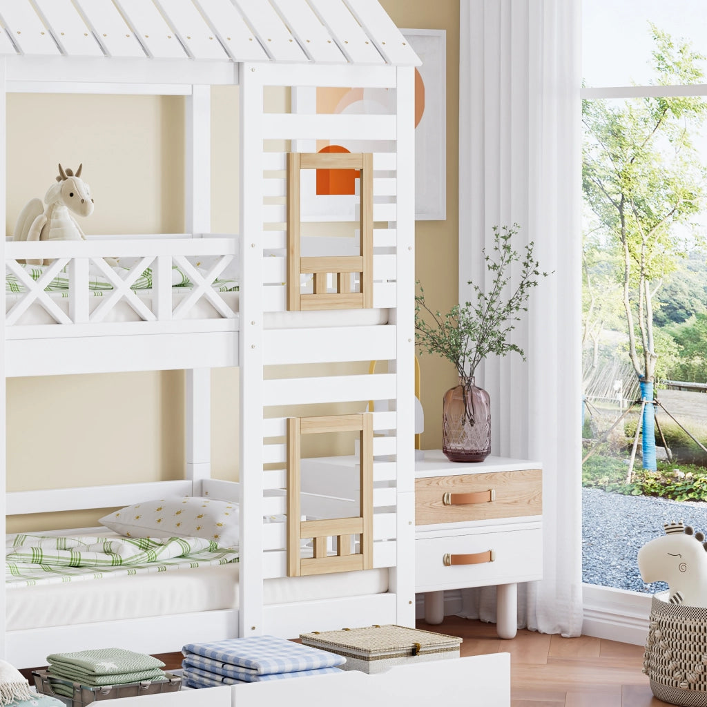 Letto a Castello 90x200 cm; Letto per Bambini - Finestre; 2 Cassetti; Scala 4 Scomparti