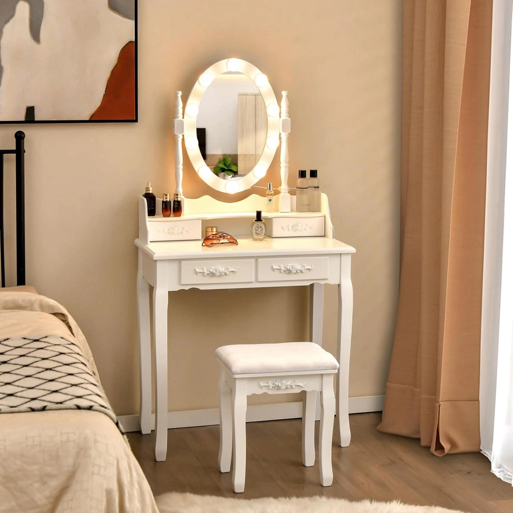 Toeletta da Trucco con 10 Luci LED, Tavolo da Trucco con Specchio Ovale Illuminato, Toeletta con 4 Cassetti e Sgabello Imbottito per Camera da Letto (Bianco)