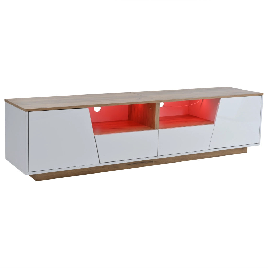 Mobile TV con 2 ante; 2 cassetti e 2 vani con LED e frontale lucido per soggiorno; 180×40×46 cm; bianco