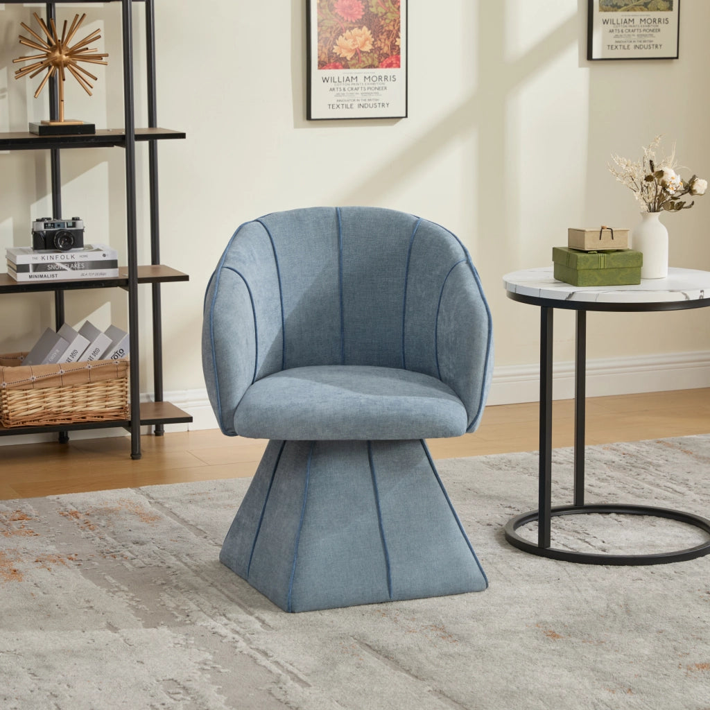 Poltrona girevole 360° in ciniglia blu con schienale alto e braccioli