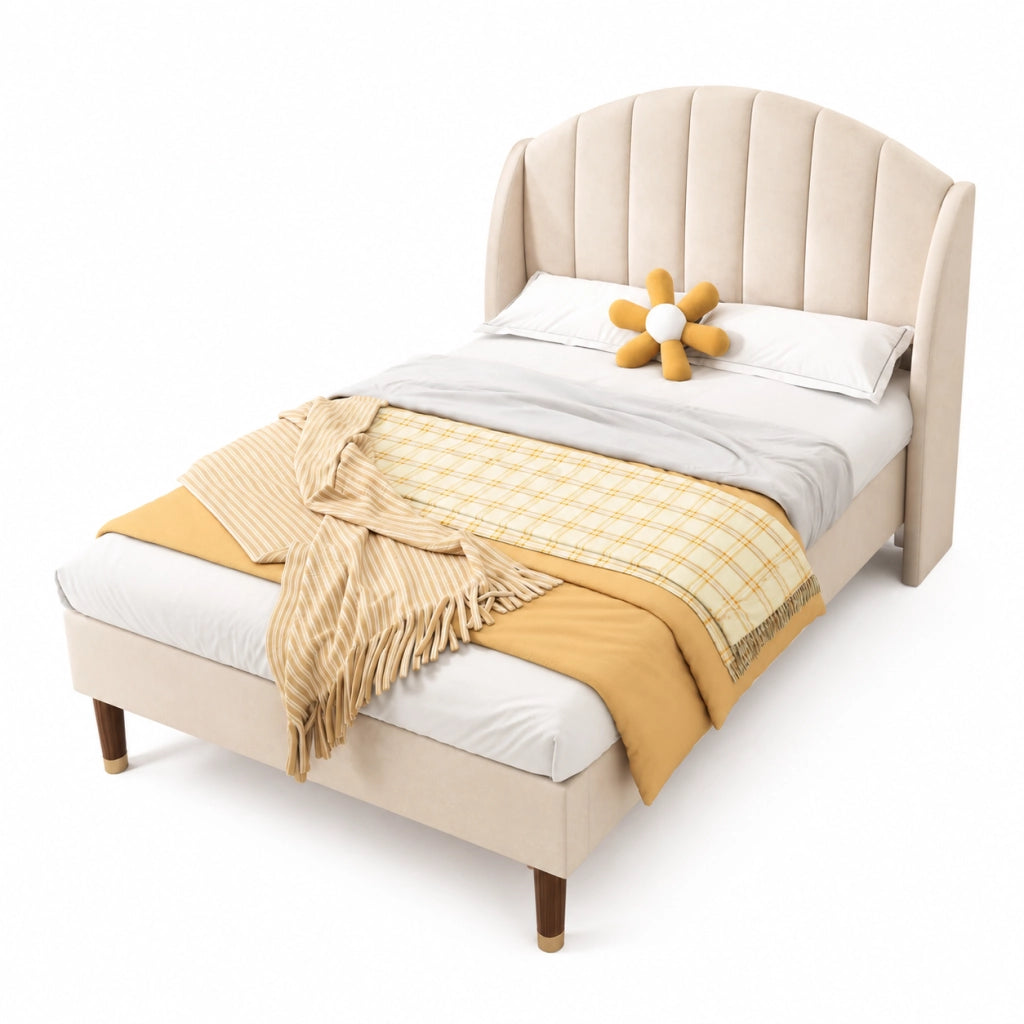 Letto imbottito 90x200 cm con testiera e rete; velluto; beige