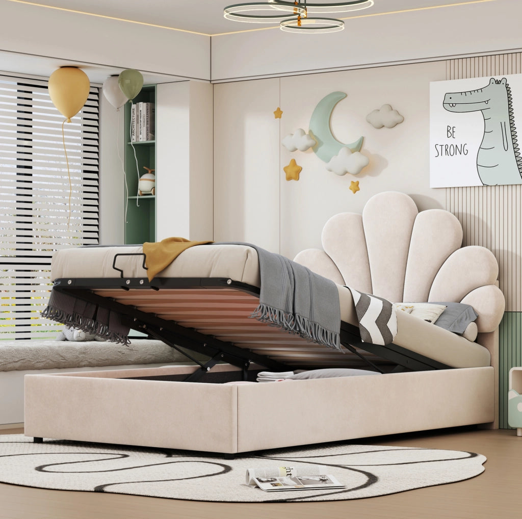 Letto imbottito 90x200 cm con vano contenitore idraulico in velluto beige