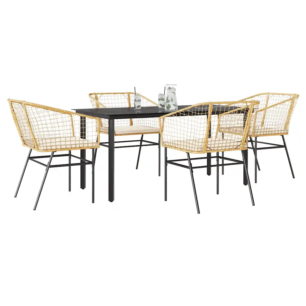 Set da Pranzo da Giardino 5pz con Cuscini Polyrattan Vetro