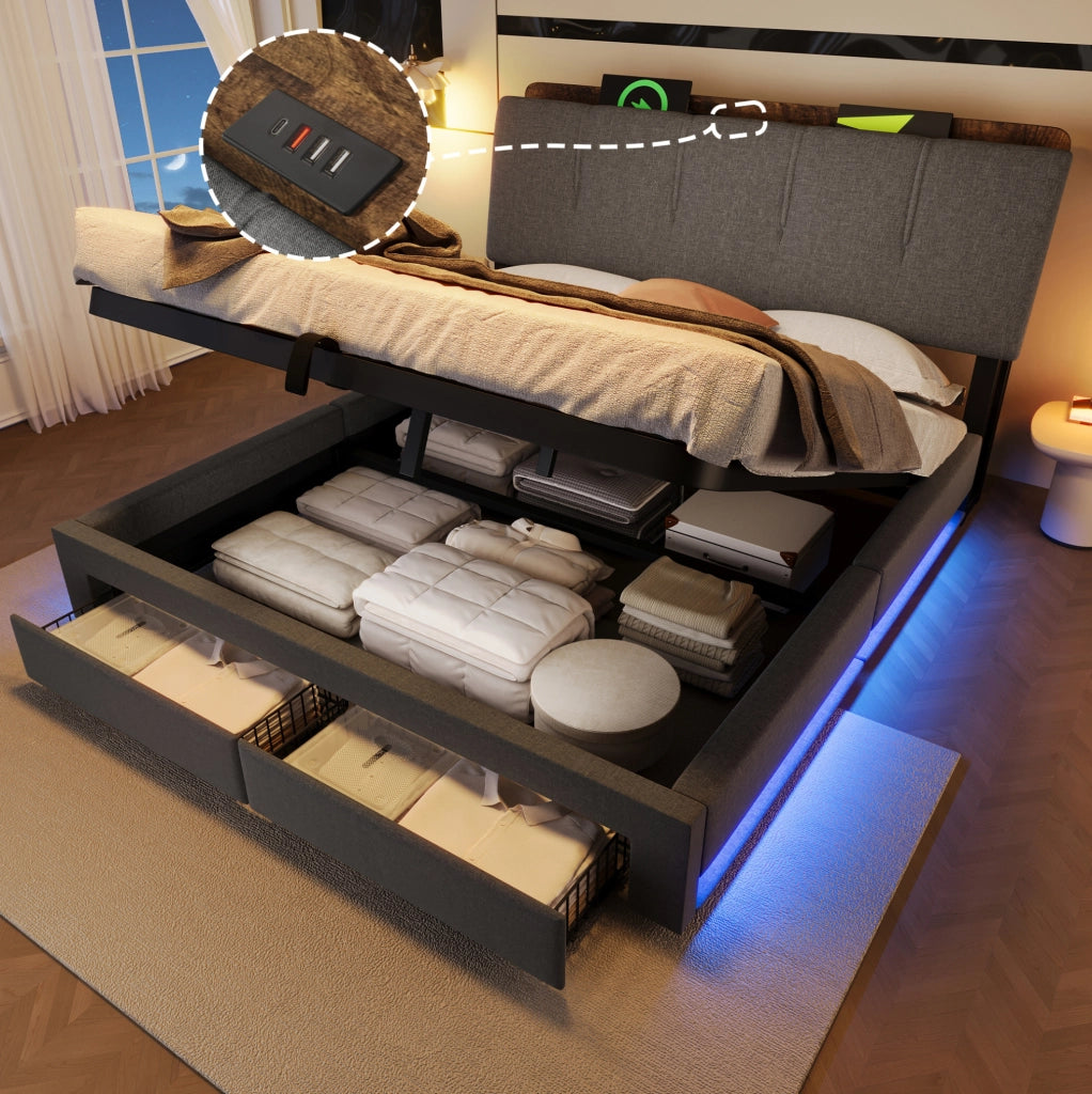Letto imbottito 140x200 cm con contenitore, USB, LED e testiera con vani