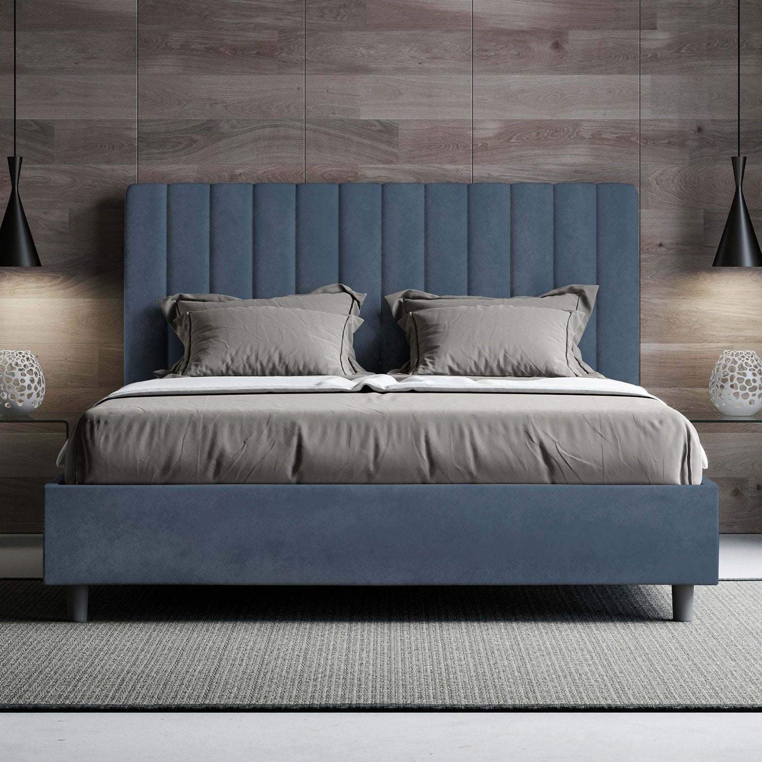 Letto Matrimoniale 160x190 cm con Rete e Contenitore con Testata e Alzata Comoda Imbottito in Microfibra Agueda Blu