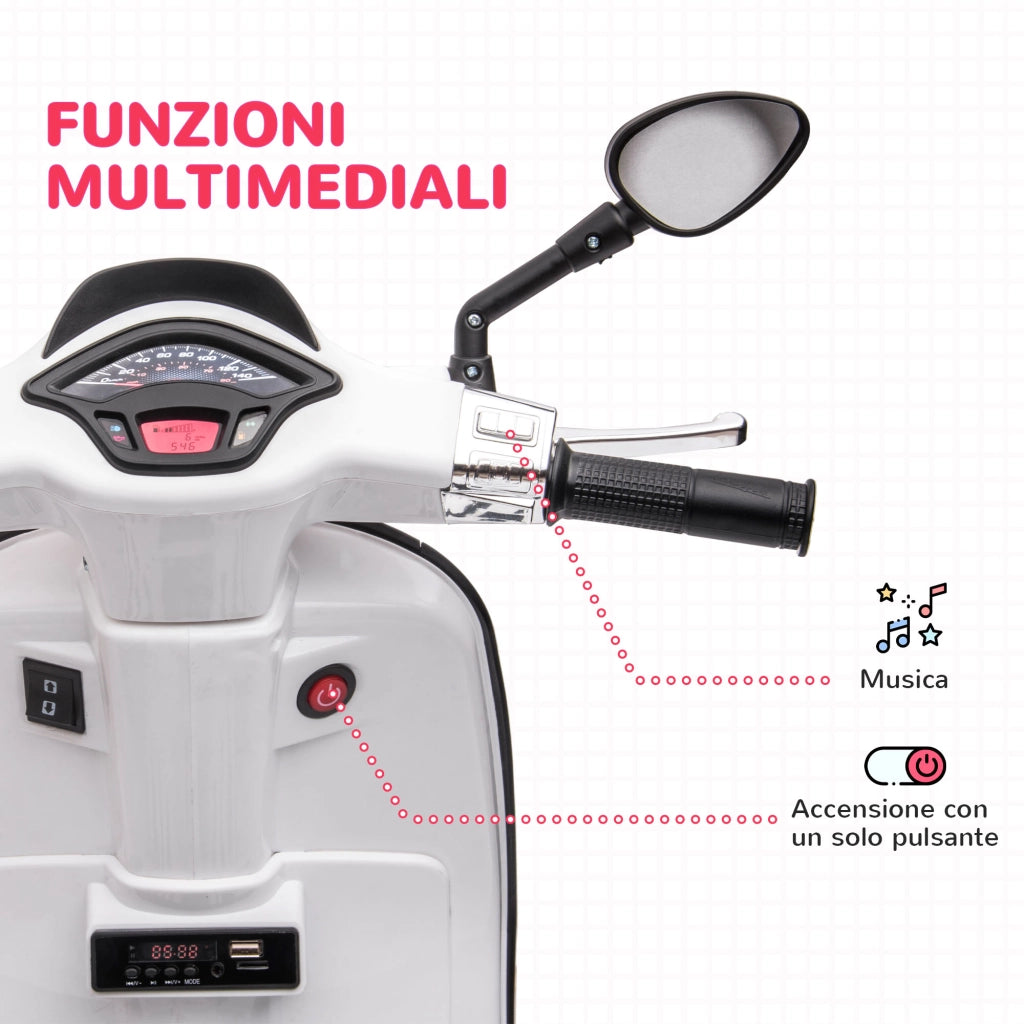 Moto Vespa Bambini Rotelle Fanale Musica ¨C Minimal ¨C Bianco 107x47x73 cm