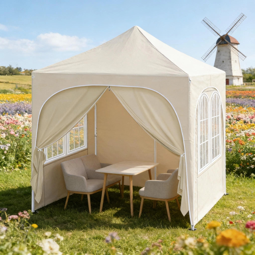 Gazebo pieghevole 2x2 m in metallo con pareti laterali, tessuto Oxford 210D impermeabile, colore beige