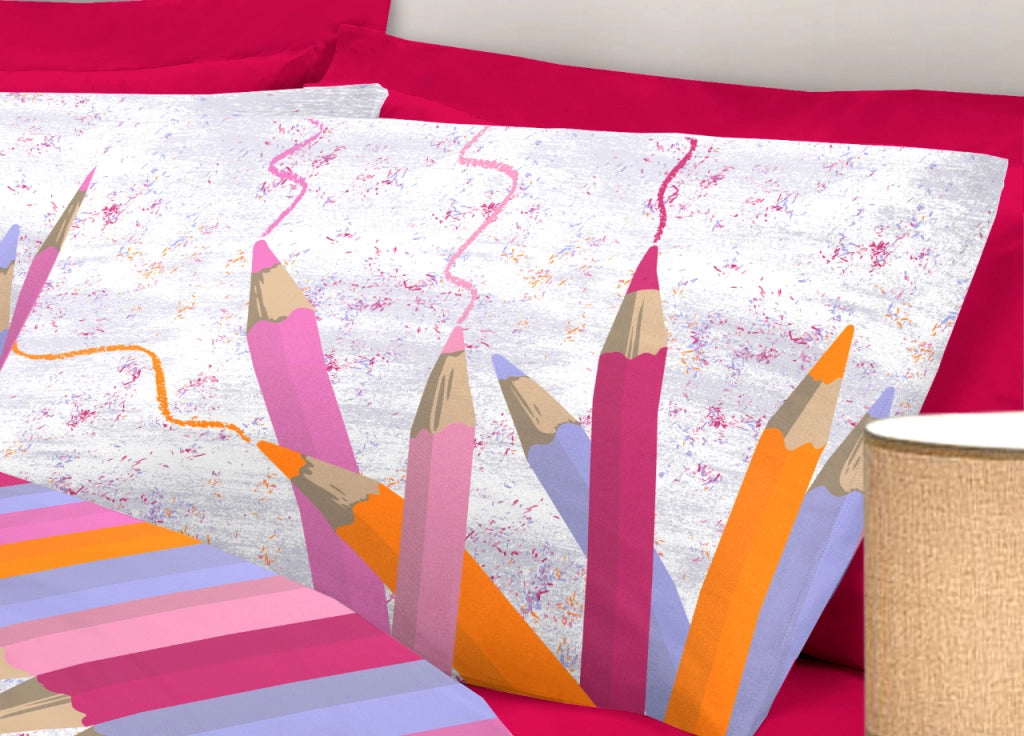 Completo Lenzuola Linea Pensieri Delicati 100% Cotone Disegno Matitoni - Piazza E Mezza - Rosa