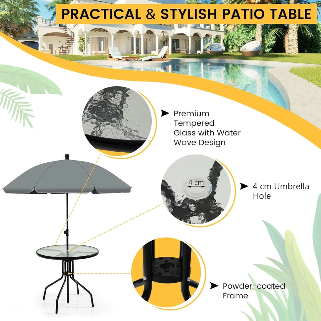 6 PCS Set da pranzo per il patio, set di mobili per il patio con ombrellone, tavolo da caffè con piano in vetro temperato e 4 sedie pieghevoli per esterni, terrazza, cortile, portico