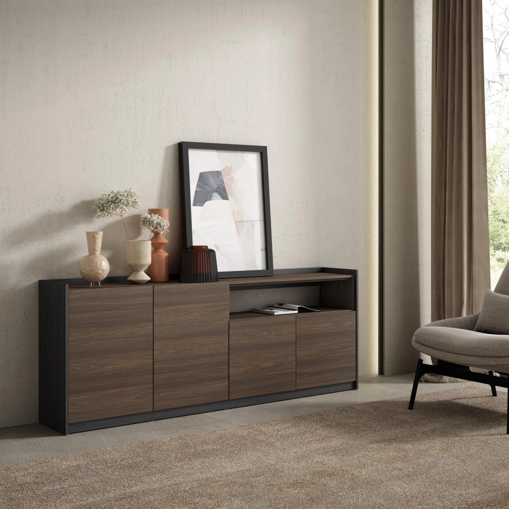 Credenza, Mobile, Cucina, 207x80x37 cm, 4 Porte, grande stoccaggio, Rovere scuro e Nero