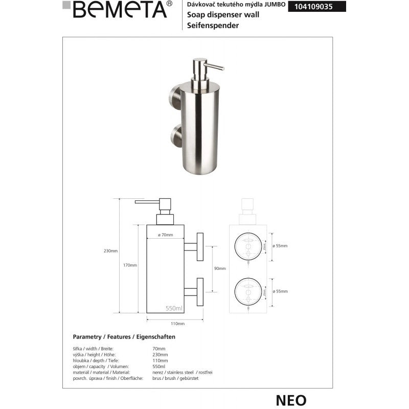 Dispenser di sapone liquido JUMBO 550ml / 23x11x7cm