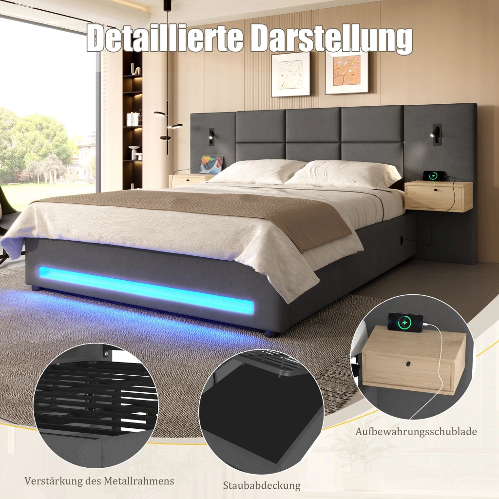 LETTO Contenitore 180x200 cm in velluto grigio scuro con USB-C e LED