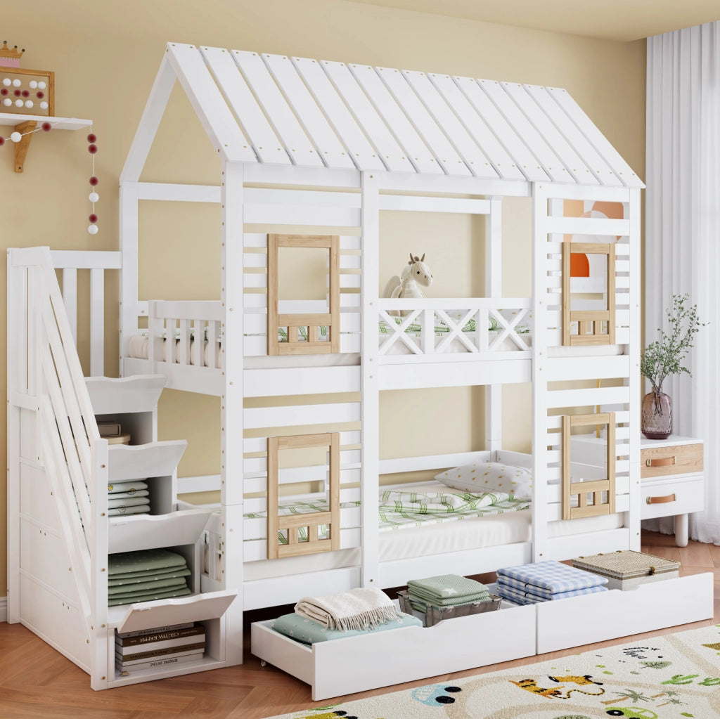 Letto a castello per bambini con 2 cassetti e scala contenitore; 90x200 cm; bianco e naturale