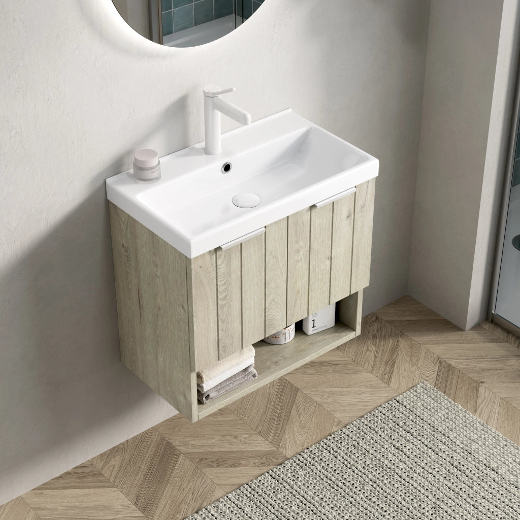 Mobile Bagno con Lavabo in Ceramica, Ante e Ripiano ¨C MINIMAL ¨C Rovere Crema 55cm