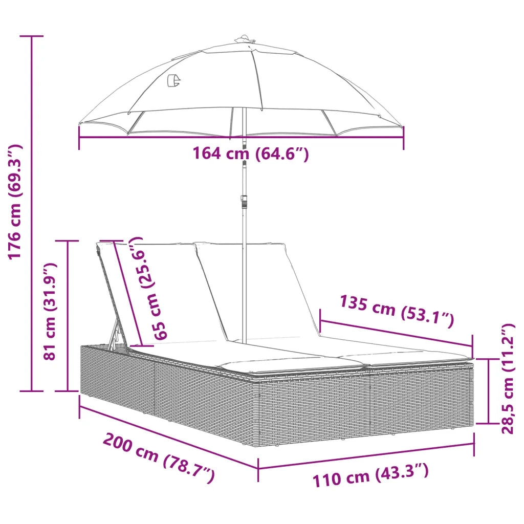 Lettino Prendisole | Sdraio da giardino | Lettino da sole Doppio Cuscini e Parasole Beige Polyrattan