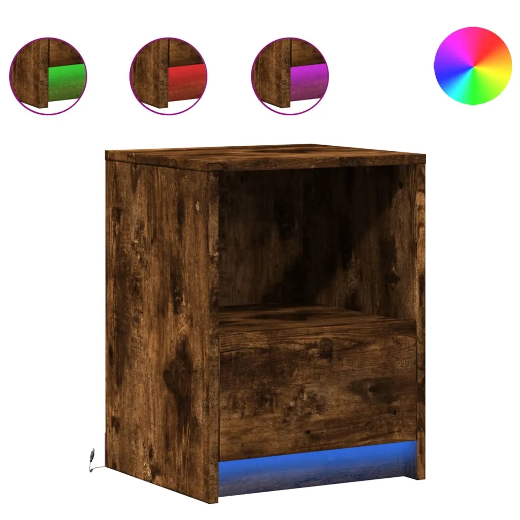 Comodino con Luci LED-Tavolino da notte Rovere Fumo in Legno Multistrato 255072