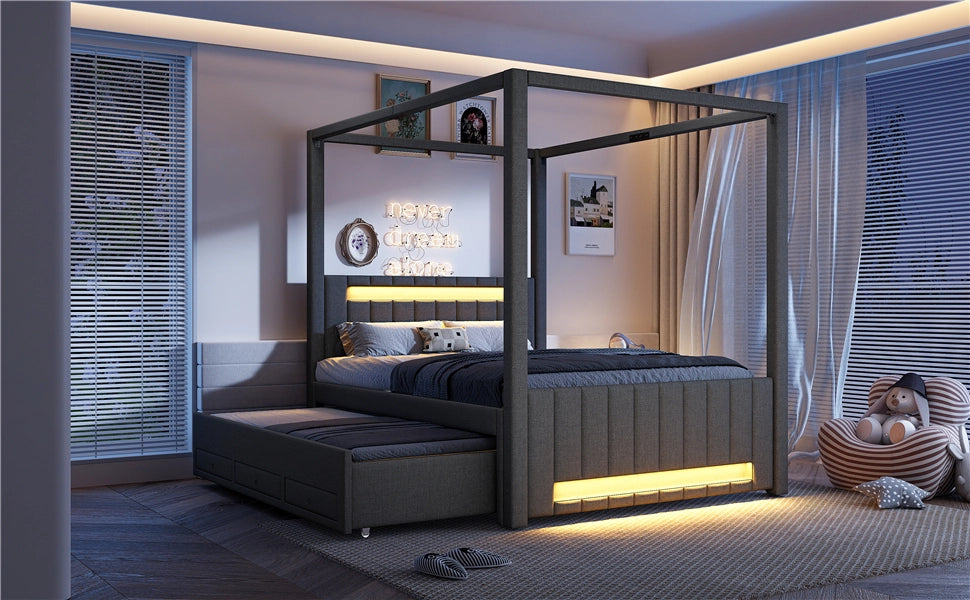 DESMIU Letto combinato 140 × 200 cm 2 posti con letto estraibile, 3 cassetti, LED, senza materasso, grigio