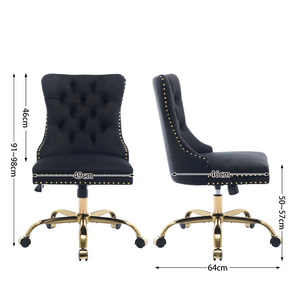 Chaise de bureau in velluto con seduta ampia, schienale capitonné e base in metallo dorato per comfort prolungato nero